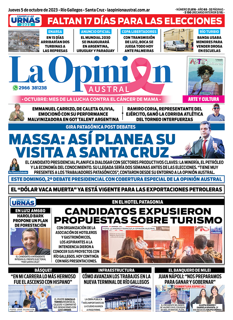 Diario La Opinión Austral tapa edición impresa del jueves 5 de octubre de 2023, Río Gallegos, Santa Cruz, Argentina Diario La Opinión Austral tapa edición impresa del jueves 5 de octubre de 2023, Río Gallegos, Santa Cruz, Argentina