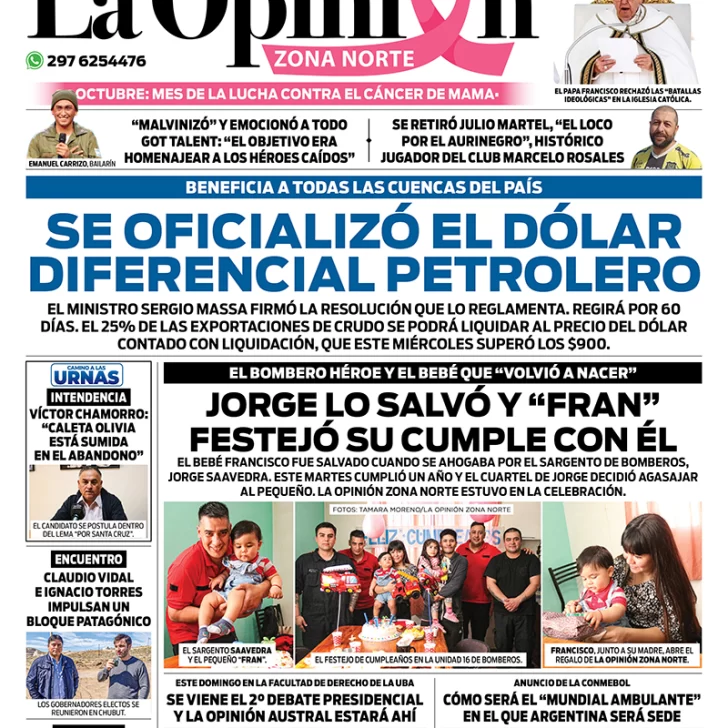 Diario La Opinión Zona Norte tapa edición impresa del jueves 5 de octubre de 2023, Caleta Olivia, Santa Cruz, Argentina Diario La Opinión Zona Norte tapa edición impresa del jueves 5 de octubre de 2023, Caleta Olivia, Santa Cruz, Argentina