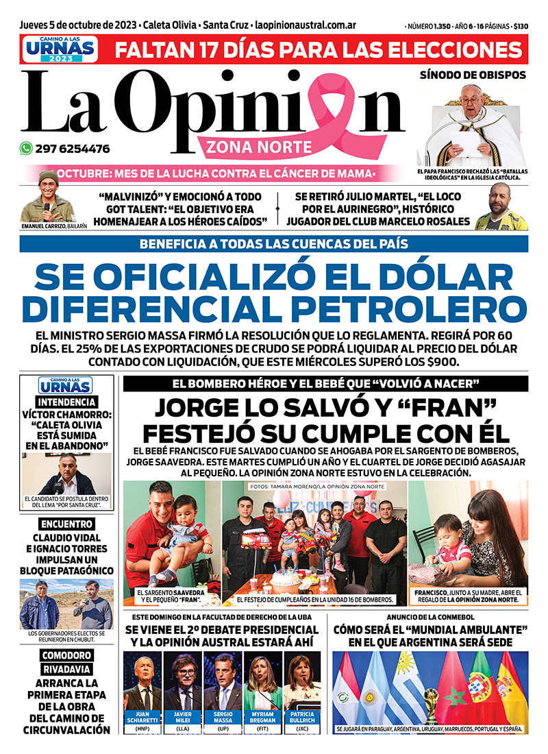 Diario La Opinión Zona Norte tapa edición impresa del jueves 5 de octubre de 2023, Caleta Olivia, Santa Cruz, Argentina Diario La Opinión Zona Norte tapa edición impresa del jueves 5 de octubre de 2023, Caleta Olivia, Santa Cruz, Argentina