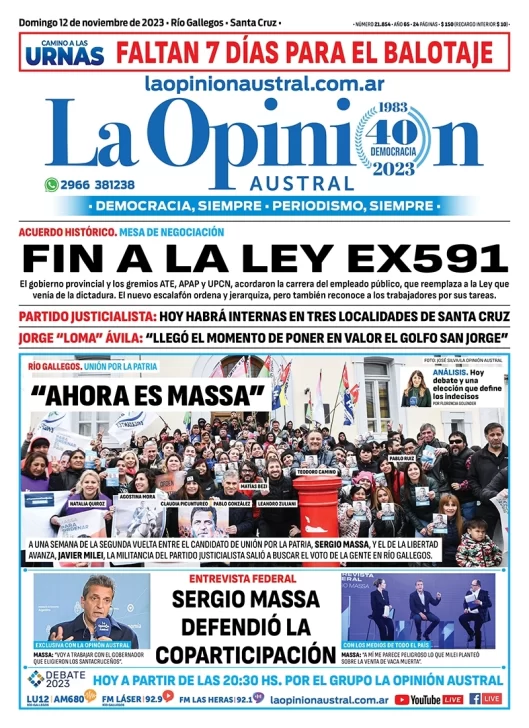 Diario La Opinión Austral tapa edición impresa del domingo 12 de noviembre de 2023, Río Gallegos, Santa Cruz, Argentina