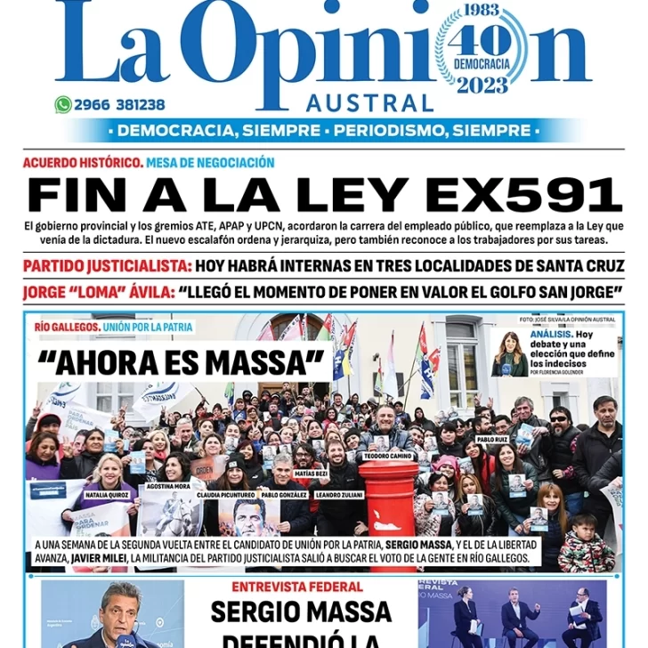 Diario La Opinión Austral tapa edición impresa del domingo 12 de noviembre de 2023, Río Gallegos, Santa Cruz, Argentina