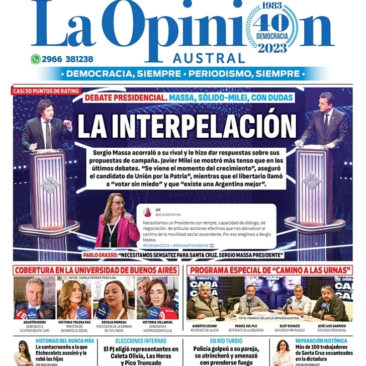 Diario La Opinión Austral tapa edición impresa del lunes 13 de noviembre de 2023, Río Gallegos, Santa Cruz, Argentina