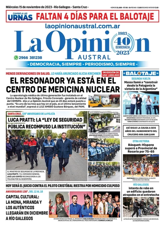 Diario La Opinión Austral tapa edición impresa del miércoles 15 de noviembre de 2023, Río Gallegos, Santa Cruz, Argentina