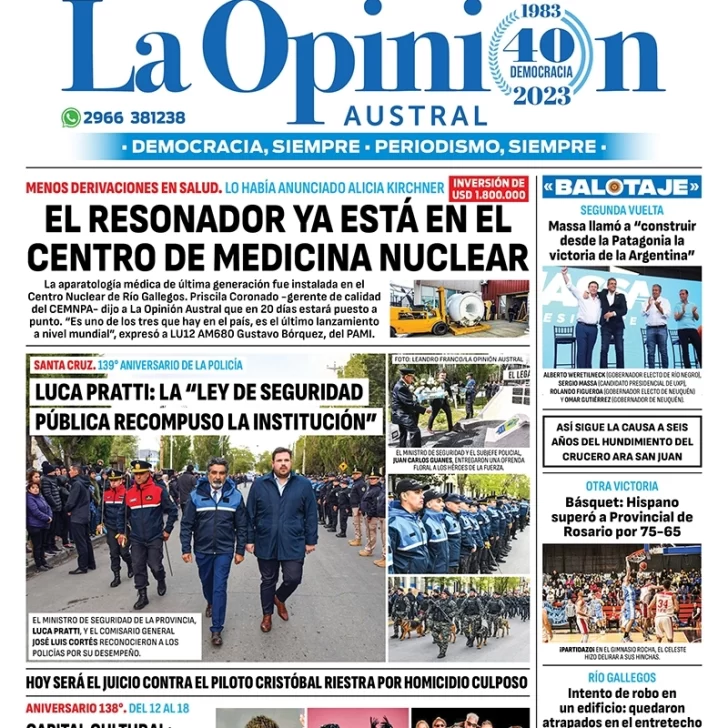 Diario La Opinión Austral tapa edición impresa del miércoles 15 de noviembre de 2023, Río Gallegos, Santa Cruz, Argentina