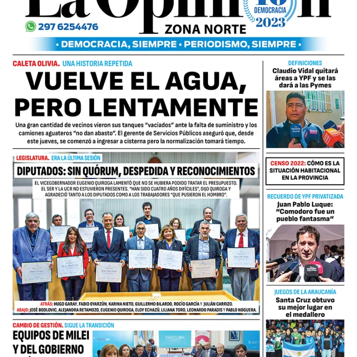 Diario La Opinión Zona Norte tapa edición impresa del viernes 24 de noviembre de 2023, Caleta Olivia, Santa Cruz, Argentina