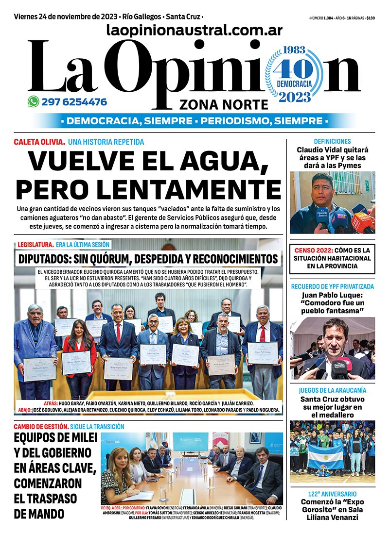 Diario La Opinión Zona Norte tapa edición impresa del viernes 24 de noviembre de 2023, Caleta Olivia, Santa Cruz, Argentina