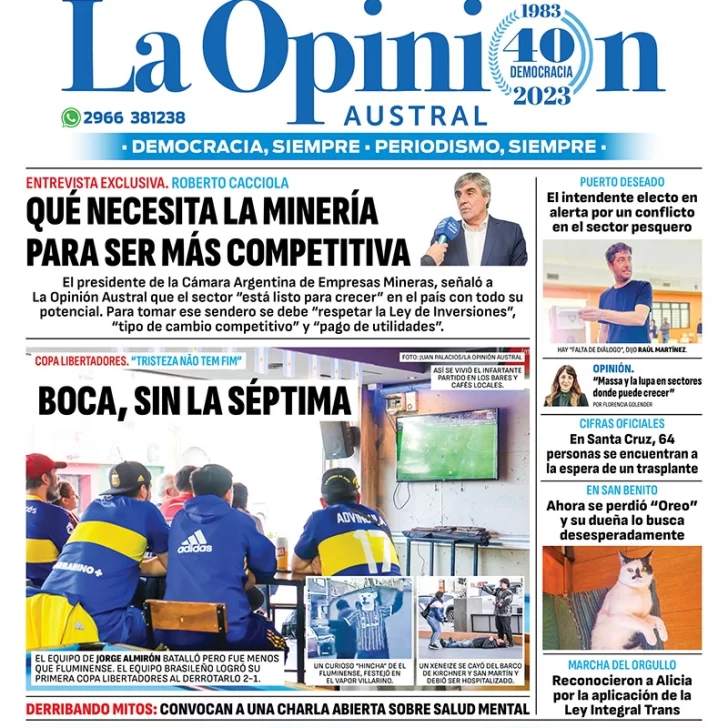 Diario La Opinión Austral tapa edición impresa del domingo 5 de noviembre de 2023, Río Gallegos, Santa Cruz, Argentina Diario La Opinión Austral tapa edición impresa del domingo 5 de noviembre de 2023, Río Gallegos, Santa Cruz, Argentina