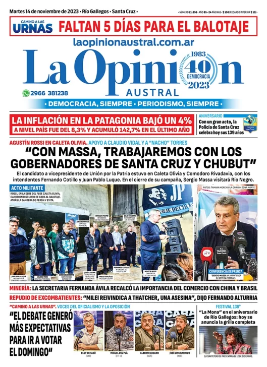 Diario La Opinión Austral tapa edición impresa del martes 14 de noviembre de 2023, Río Gallegos, Santa Cruz, Argentina