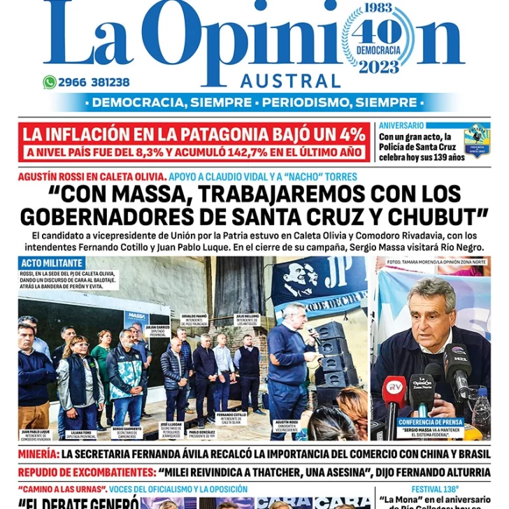 Diario La Opinión Austral tapa edición impresa del martes 14 de noviembre de 2023, Río Gallegos, Santa Cruz, Argentina