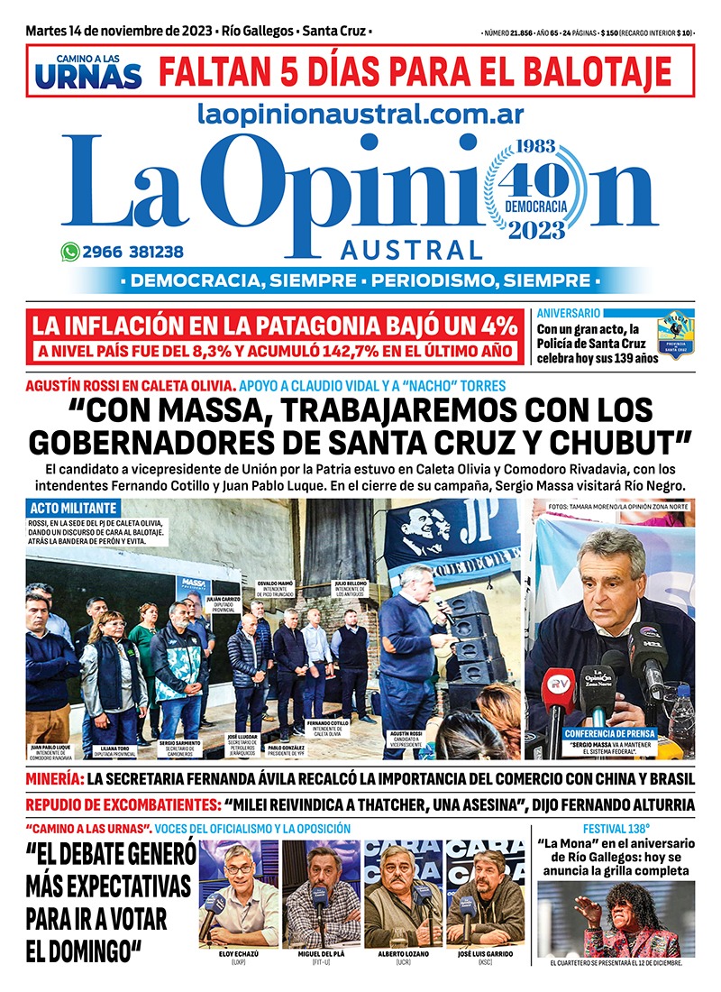 Diario La Opinión Austral tapa edición impresa del martes 14 de noviembre de 2023, Río Gallegos, Santa Cruz, Argentina