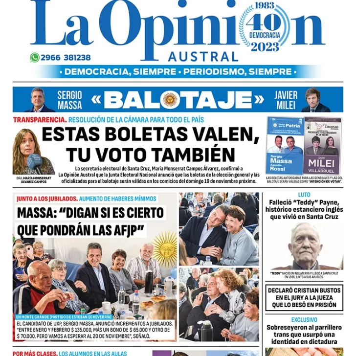 Diario La Opinión Austral tapa edición impresa del sábado 11 de noviembre de 2023, Río Gallegos, Santa Cruz, Argentina