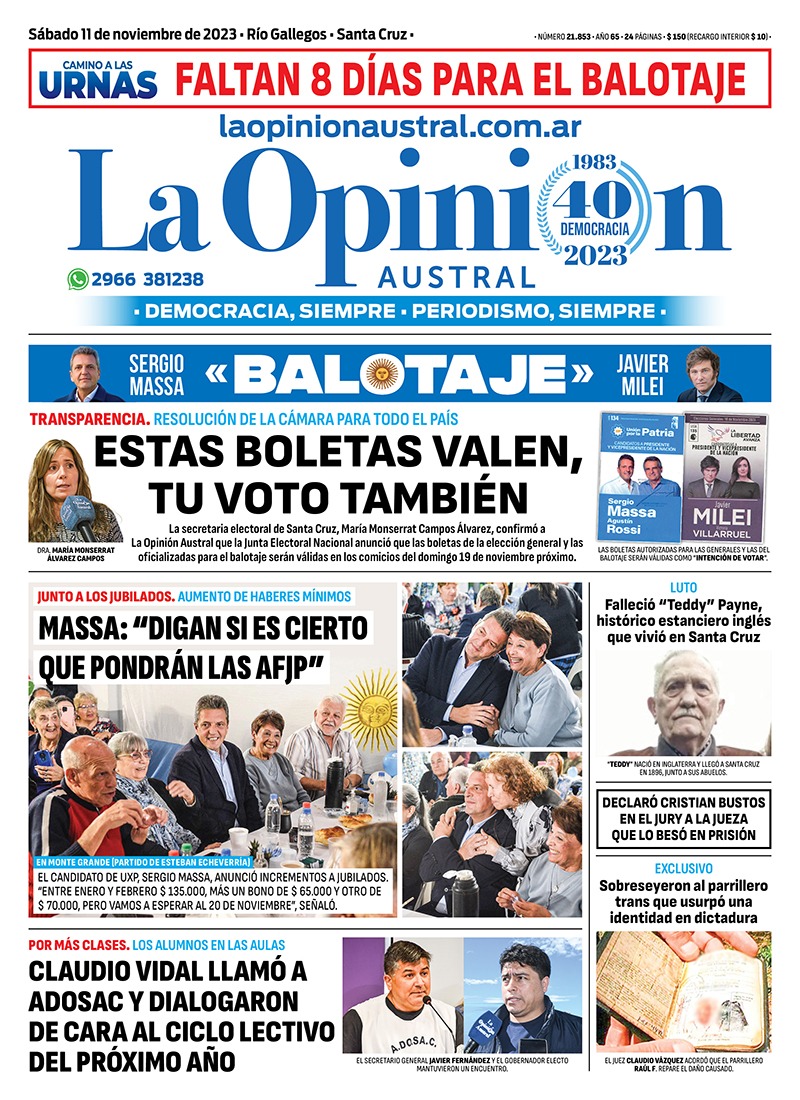 Diario La Opinión Austral tapa edición impresa del sábado 11 de noviembre de 2023, Río Gallegos, Santa Cruz, Argentina