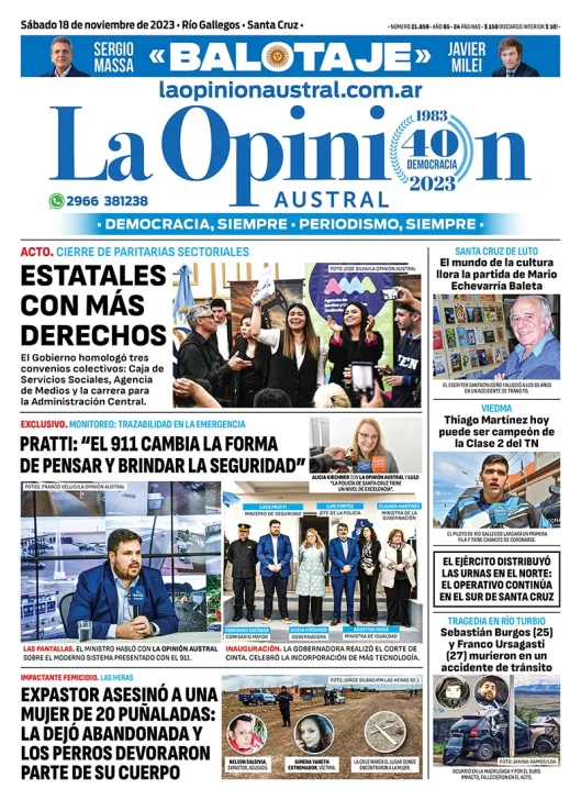 Diario La Opinión Austral tapa edición impresa del sábado 18 de noviembre de 2023, Río Gallegos, Santa Cruz, Argentina