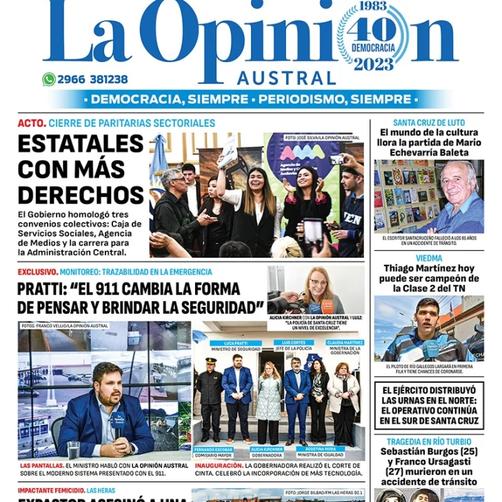 Diario La Opinión Austral tapa edición impresa del sábado 18 de noviembre de 2023, Río Gallegos, Santa Cruz, Argentina