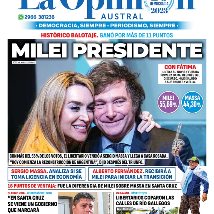 Diario La Opinión Austral tapa edición impresa del lunes 20 de noviembre de 2023, Río Gallegos, Santa Cruz, Argentina