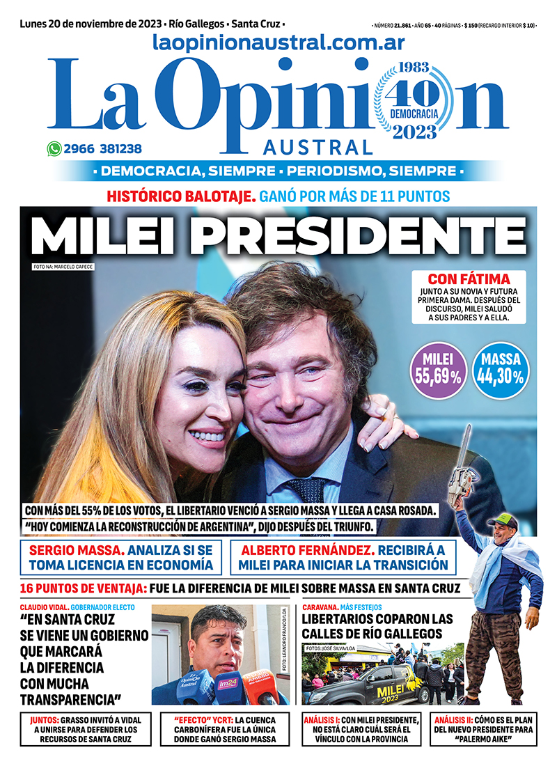 Diario La Opinión Austral tapa edición impresa del lunes 20 de noviembre de 2023, Río Gallegos, Santa Cruz, Argentina