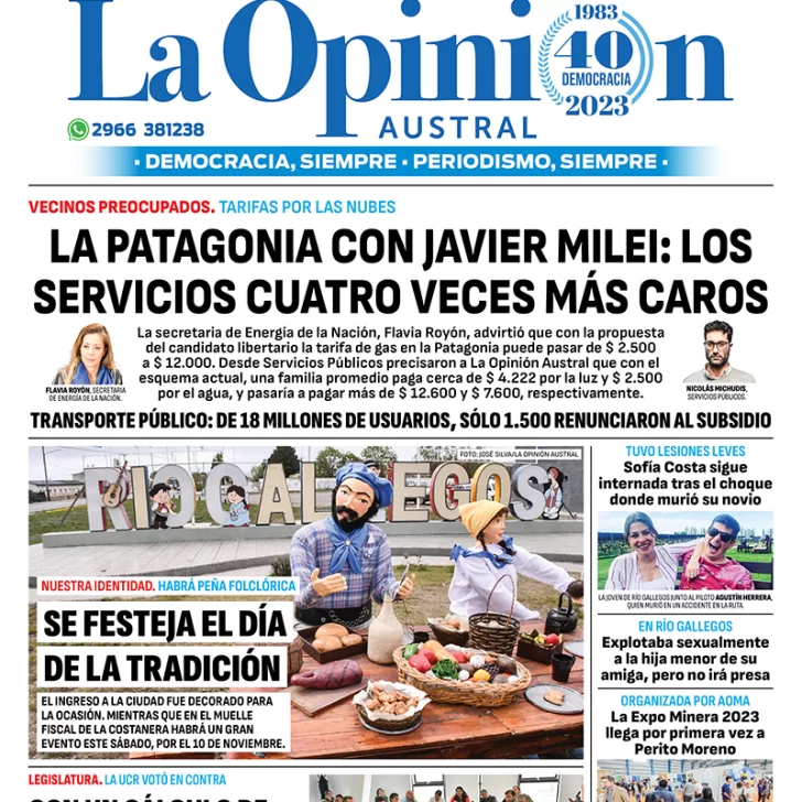 Diario La Opinión Austral tapa edición impresa del miércoles 8 de noviembre de 2023, Río Gallegos, Santa Cruz, Argentina