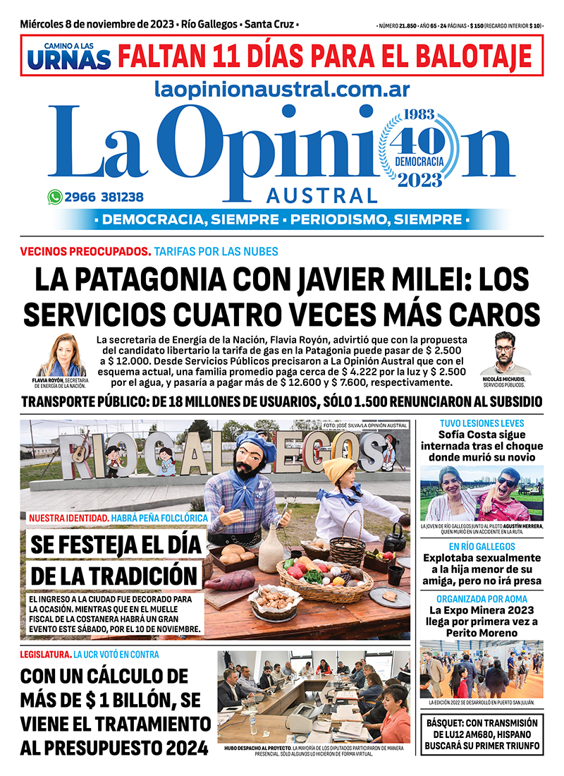 Diario La Opinión Austral tapa edición impresa del miércoles 8 de noviembre de 2023, Río Gallegos, Santa Cruz, Argentina