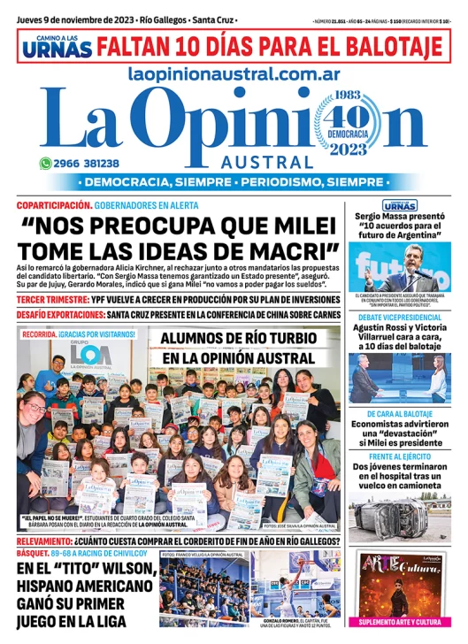 Diario La Opinión Austral tapa edición impresa del jueves 9 de noviembre de 2023, Río Gallegos, Santa Cruz, Argentina