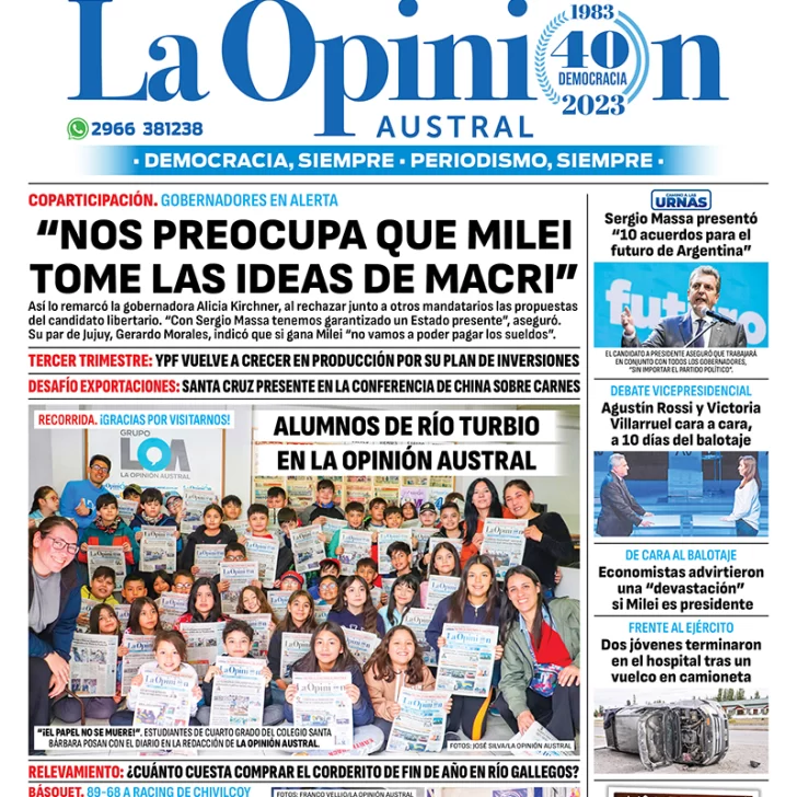 Diario La Opinión Austral tapa edición impresa del jueves 9 de noviembre de 2023, Río Gallegos, Santa Cruz, Argentina