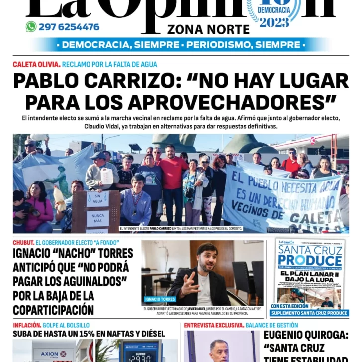 Diario La Opinión Zona Norte tapa edición impresa del lunes 27 de noviembre de 2023, Caleta Olivia, Santa Cruz, Argentina