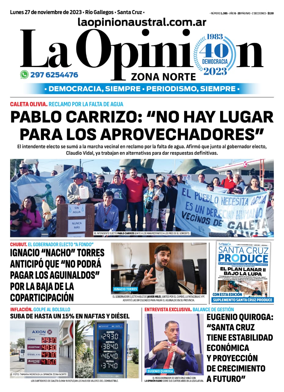 Diario La Opinión Zona Norte tapa edición impresa del lunes 27 de noviembre de 2023, Caleta Olivia, Santa Cruz, Argentina