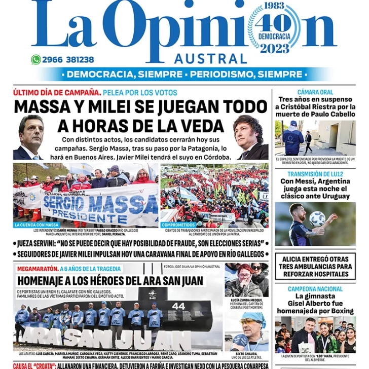 Diario La Opinión Austral tapa edición impresa del jueves 16 de noviembre de 2023, Río Gallegos, Santa Cruz, Argentina