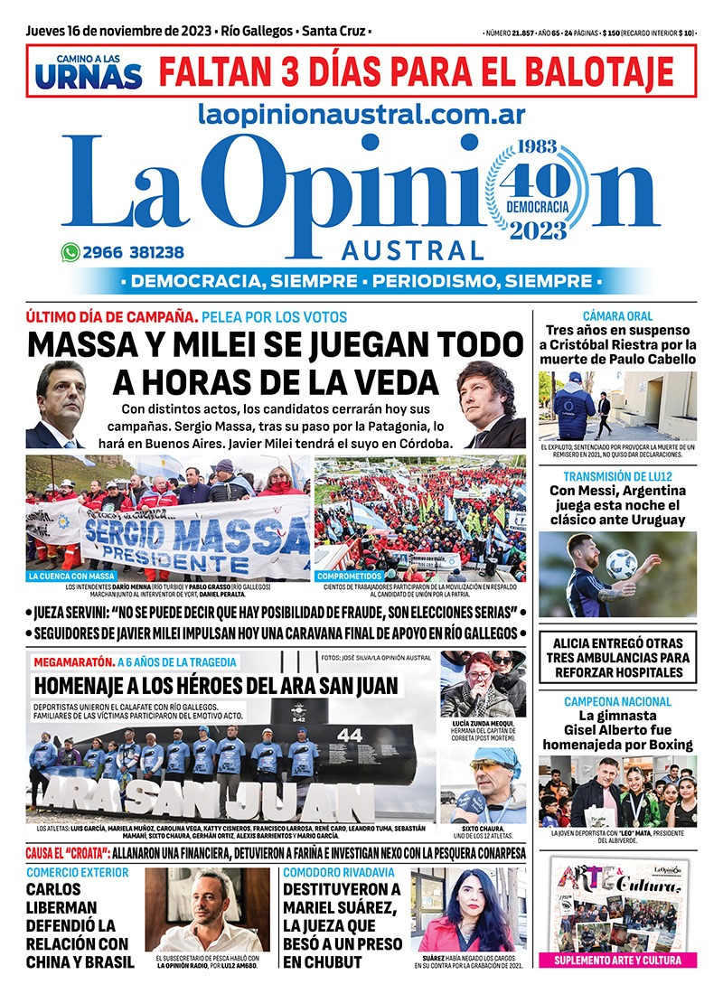 Diario La Opinión Austral tapa edición impresa del jueves 16 de noviembre de 2023, Río Gallegos, Santa Cruz, Argentina