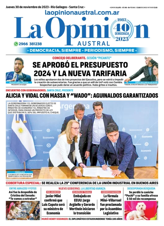 Diario La Opinión Austral tapa edición impresa del jueves 30 de noviembre de 2023, Río Gallegos, Santa Cruz, Argentina