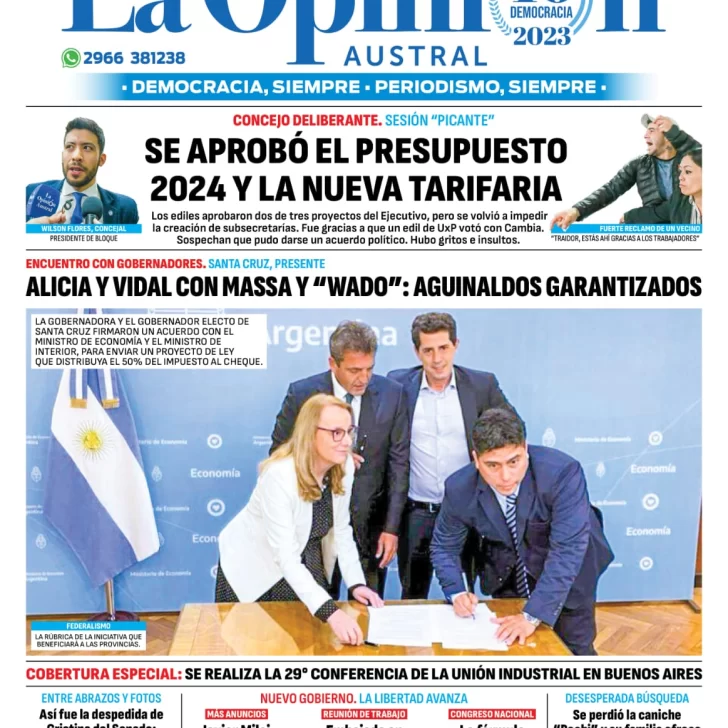 Diario La Opinión Austral tapa edición impresa del jueves 30 de noviembre de 2023, Río Gallegos, Santa Cruz, Argentina