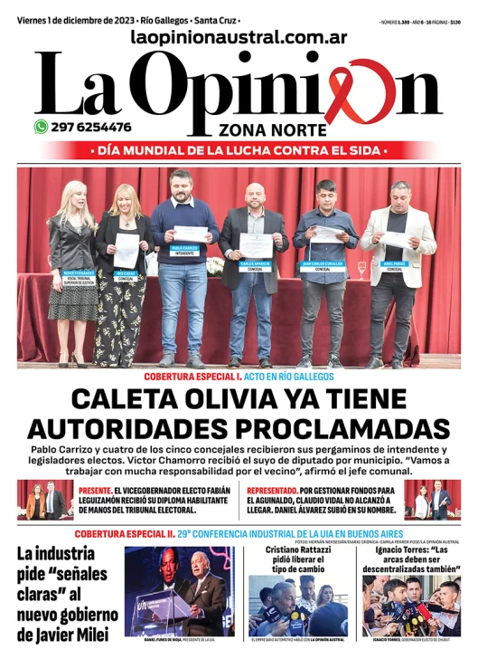 Diario La Opinión Zona Norte tapa edición impresa del viernes 1 de diciembre de 2023, Caleta Olivia, Santa Cruz, Argentina