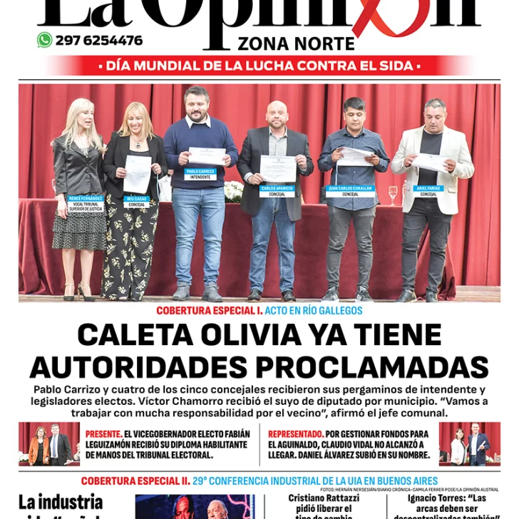 Diario La Opinión Zona Norte tapa edición impresa del viernes 1 de diciembre de 2023, Caleta Olivia, Santa Cruz, Argentina