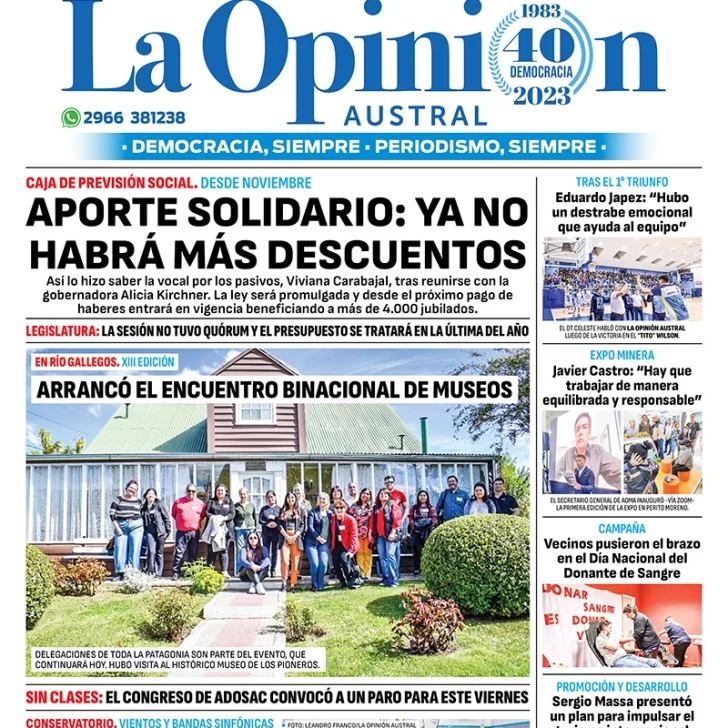 Diario La Opinión Austral tapa edición impresa del viernes 10 de noviembre de 2023, Río Gallegos, Santa Cruz, Argentina