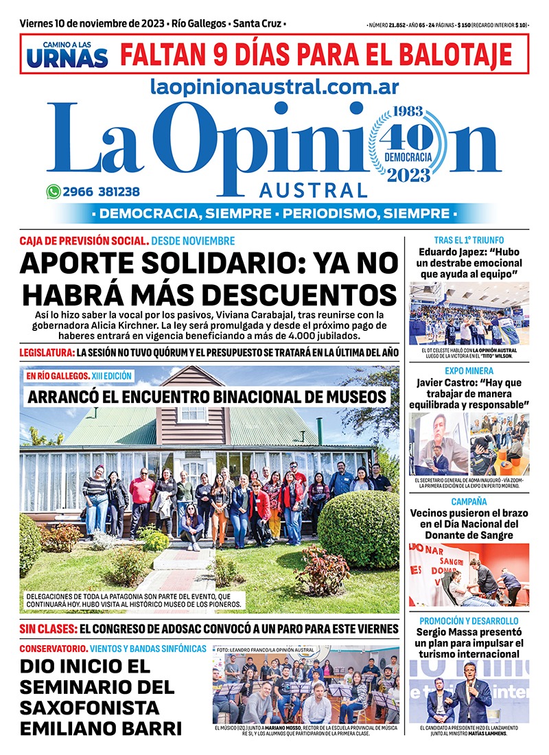 Diario La Opinión Austral tapa edición impresa del viernes 10 de noviembre de 2023, Río Gallegos, Santa Cruz, Argentina