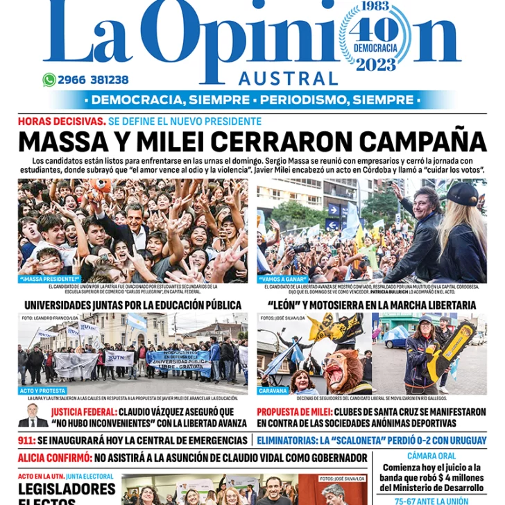 Diario La Opinión Austral tapa edición impresa del viernes 17 de noviembre de 2023, Río Gallegos, Santa Cruz, Argentina