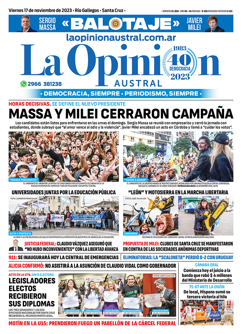 Diario La Opinión Austral tapa edición impresa del viernes 17 de noviembre de 2023, Río Gallegos, Santa Cruz, Argentina