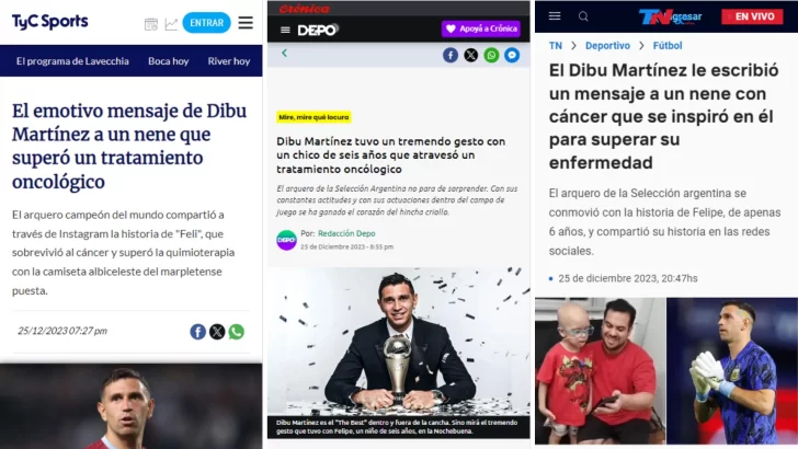 Medios de todo el país compartieron la historia de Felipe y el mensaje del “Dibu” Martínez que publicó La Opinión Austral