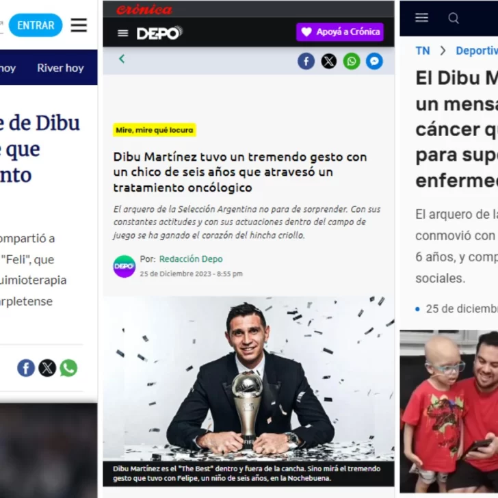 Medios de todo el país compartieron la historia de Felipe y el mensaje del “Dibu” Martínez que publicó La Opinión Austral