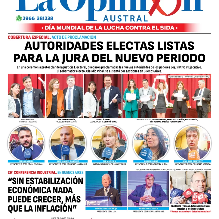 Diario La Opinión Austral tapa edición impresa del viernes 1 de diciembre de 2023, Río Gallegos, Santa Cruz, Argentina