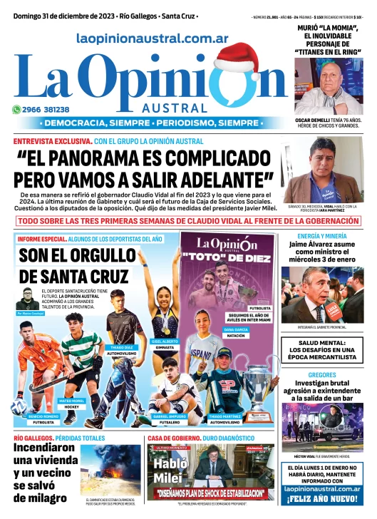 Diario La Opinión Austral tapa edición impresa del domingo 31 de diciembre de 2023, Río Gallegos, Santa Cruz, Argentina