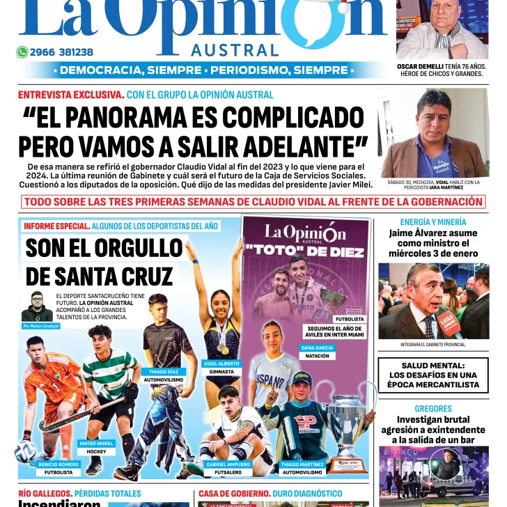 Diario La Opinión Austral tapa edición impresa del domingo 31 de diciembre de 2023, Río Gallegos, Santa Cruz, Argentina