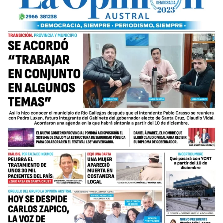 Diario La Opinión Austral tapa edición impresa del domingo 3 de diciembre de 2023, Río Gallegos, Santa Cruz, Argentina