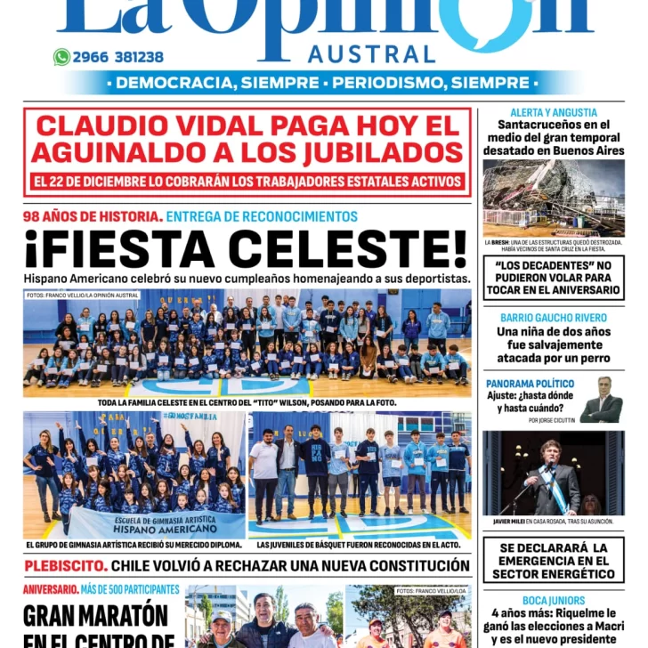 Diario La Opini n Austral tapa edici n impresa del lunes 18 de