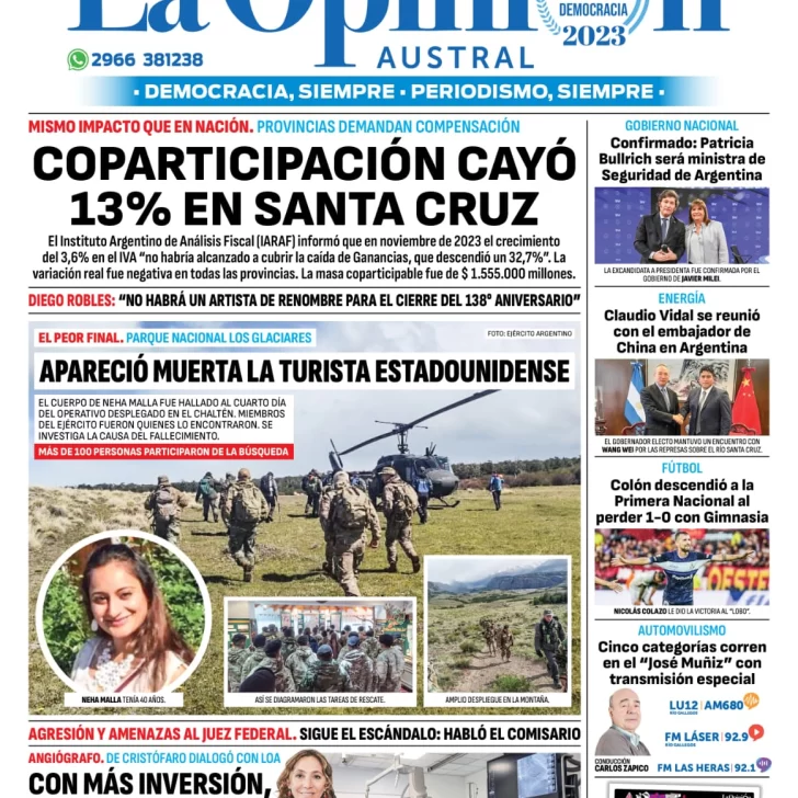 Diario La Opinión Austral tapa edición impresa del sábado 2 de diciembre de 2023, Río Gallegos, Santa Cruz, Argentina