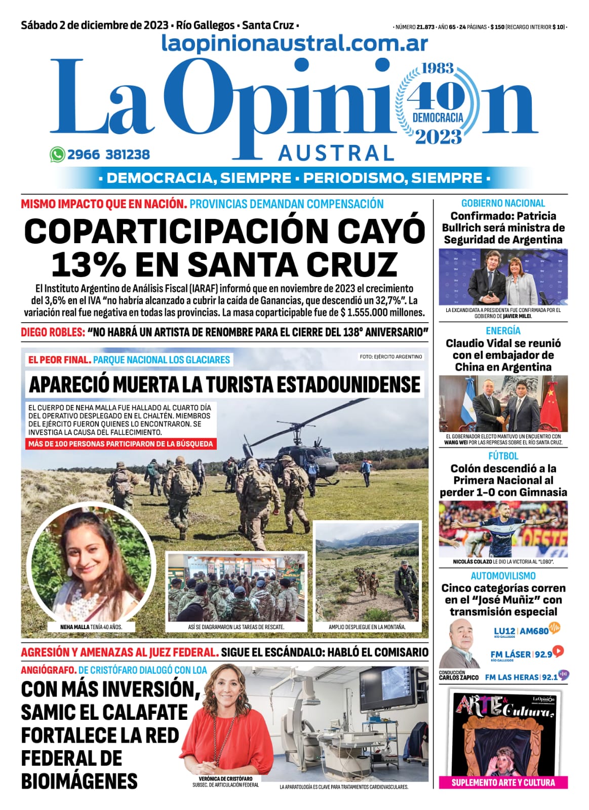 Diario La Opinión Austral tapa edición impresa del sábado 2 de diciembre de 2023, Río Gallegos, Santa Cruz, Argentina