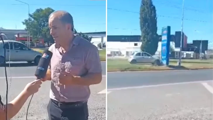 Video. En plena entrevista sobre los tótems de velocidad, un auto chocó uno a toda velocidad y lo destruyó