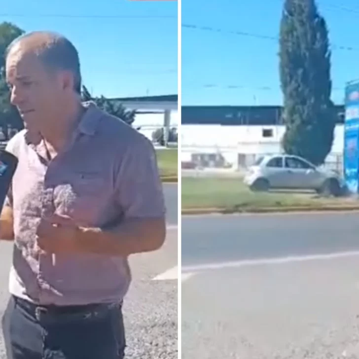 Video. En plena entrevista sobre los tótems de velocidad, un auto chocó uno a toda velocidad y lo destruyó
