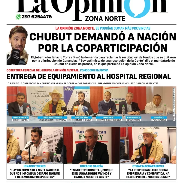 Diario La Opinión Zona Norte tapa edición impresa del miércoles 10 de enero de 2024, Caleta Olivia, Santa Cruz, Argentina Diario La Opinión Zona Norte tapa edición impresa del miércoles 10 de enero de 2024, Caleta Olivia, Santa Cruz, Argentina