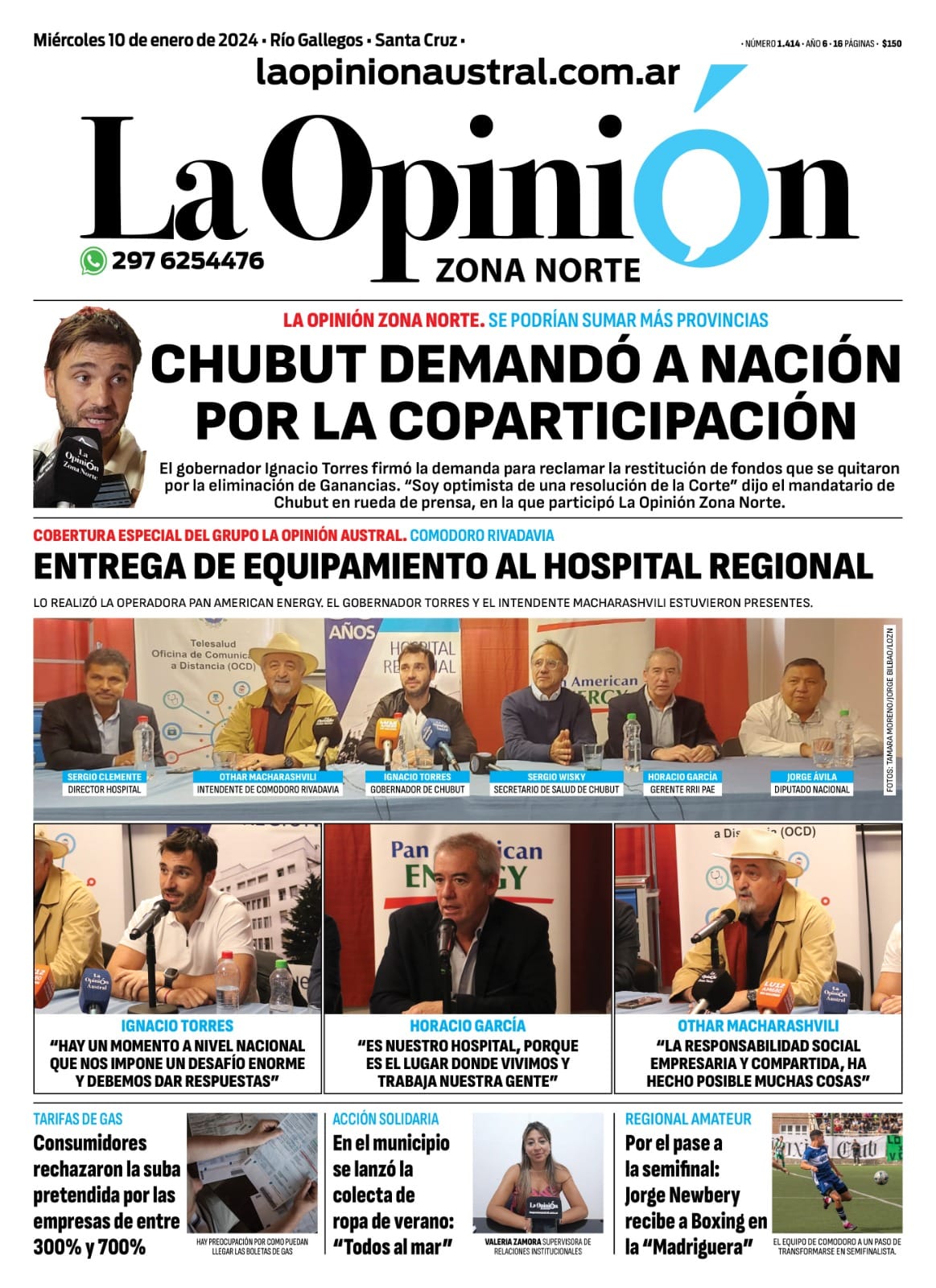 Diario La Opinión Zona Norte tapa edición impresa del miércoles 10 de enero de 2024, Caleta Olivia, Santa Cruz, Argentina Diario La Opinión Zona Norte tapa edición impresa del miércoles 10 de enero de 2024, Caleta Olivia, Santa Cruz, Argentina