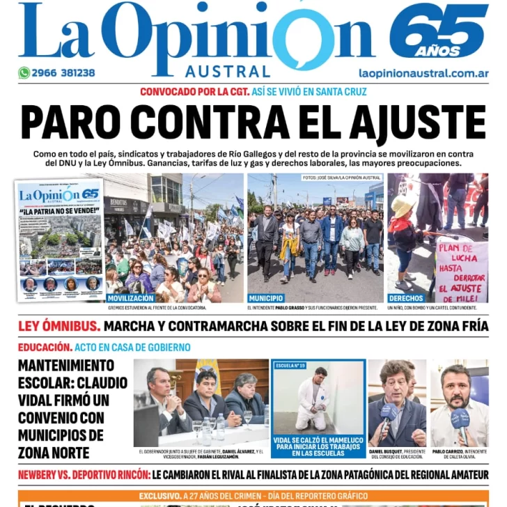 Diario La Opinión Austral tapa edición impresa del jueves 25 de enero de 2024, Río Gallegos, Santa Cruz, Argentina